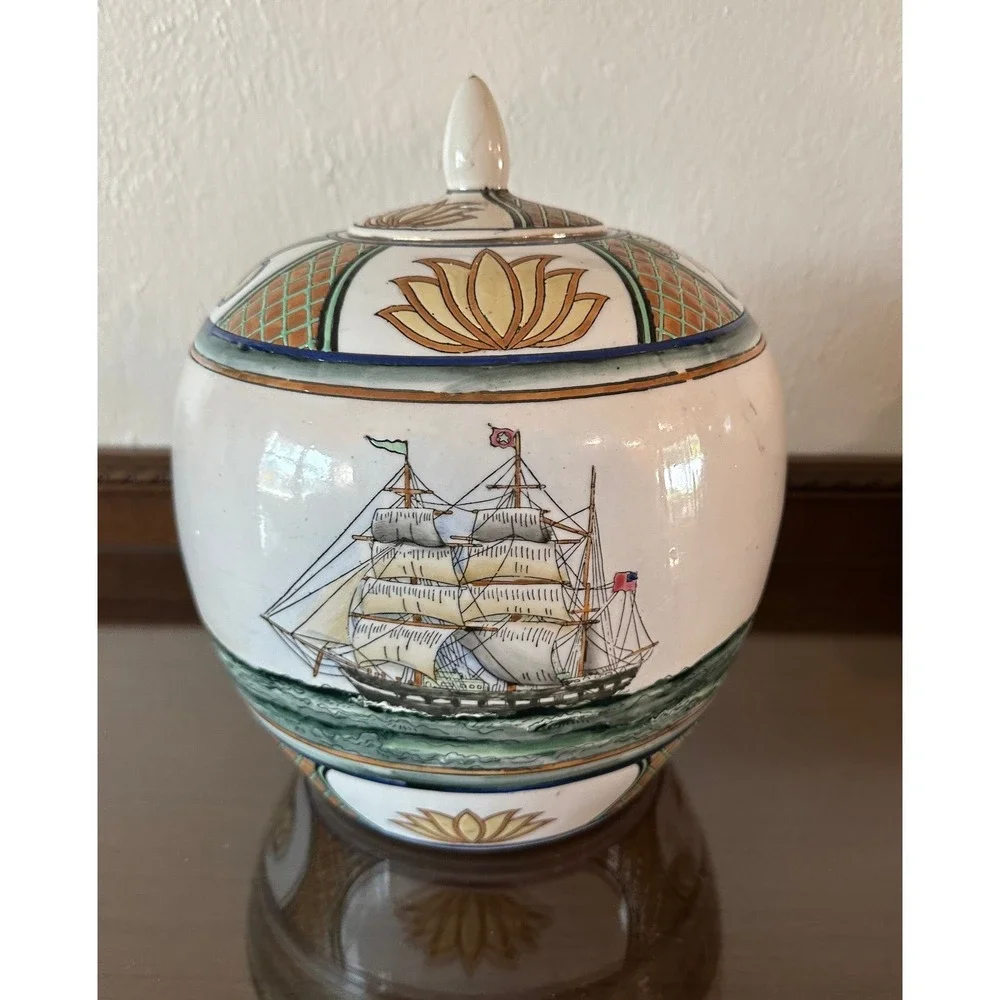 Vintage WBI Chinese Porcelain Ginger Jar Sailing Ship Nautical Decor 11x9